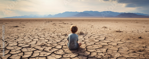 Small boy standing on dry lake or land. enviroment concept. cracked earth panorama photo.