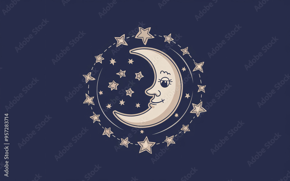 Fototapeta premium A whimsical illustration of a large, smiling moon with stars for eyes and a bow. Surrounding the moon are smaller stars, some of which aresmiling and have eyes