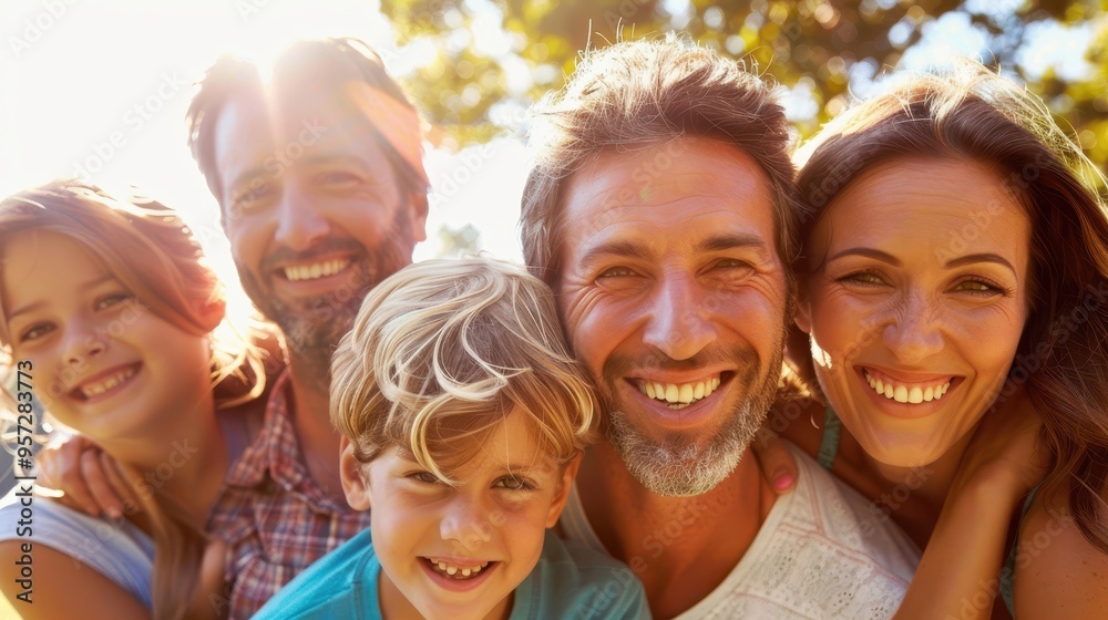 Happy Family Enjoying Outdoor Time Together in Sunlit Park, Smiling Faces, and Warm Embraces