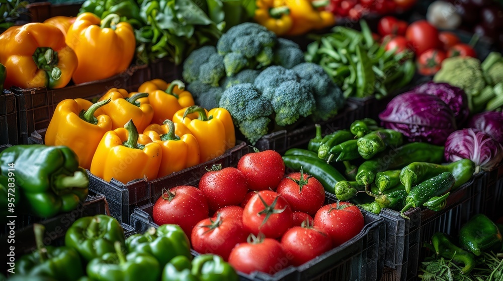 Fresh produce display featuring a variety of colorful vegetables at a local farmer's market in the afternoon Fresh produce display featuring a variety of colorful vegetables at a local farmer's market in the afternoon