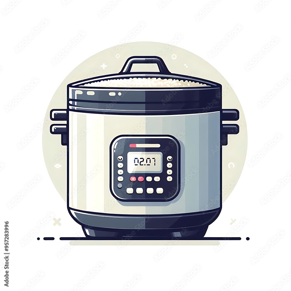 Fototapeta premium A flat illustration vector image of a rice cooker with a lid and a digital display, placed on a solid white background.