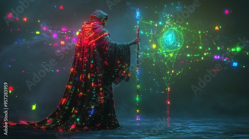 A mystical game hero in a vibrant glowing environment holding a staff surrounded by colorful lights at dusk photo