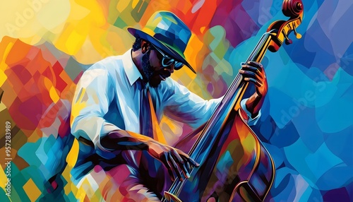 An abstract multicolored illustration of a bassist