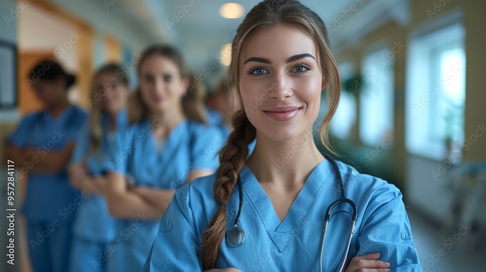 Fototapeta premium A confident nurse stands in a hospital corridor surrounded by her colleagues during a busy shift in the healthcare setting