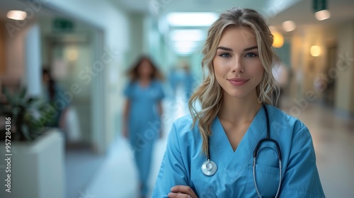 Free Download Healthcare professional in scrubs confidently poses in a hospital corridor while colleagues work in the background during daylight hours - GFXLoad
