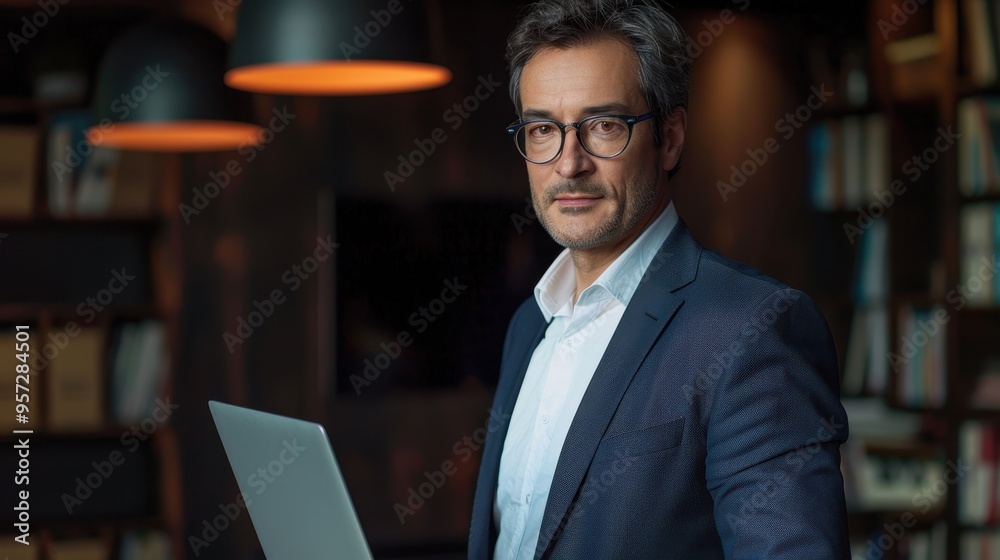 Fototapeta premium Confident Businessman in Modern Office Holding Laptop with Bookshelves and Stylish Lighting in Background