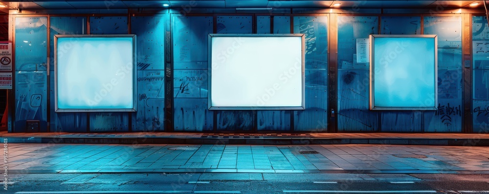 Three illuminated blank posters on a modern urban wall, glowing in vibrant orange hues at night. Three illuminated blank posters on a modern urban wall, glowing in vibrant orange hues at night.