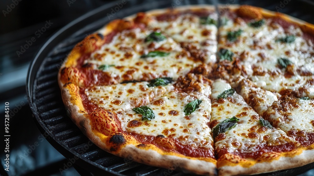 Close-up photo of hot pizza It's being cooked on a charcoal grill with slightly charred edges and melting toppings. Close-up photo of hot pizza It's being cooked on a charcoal grill with slightly charred edges and melting toppings.