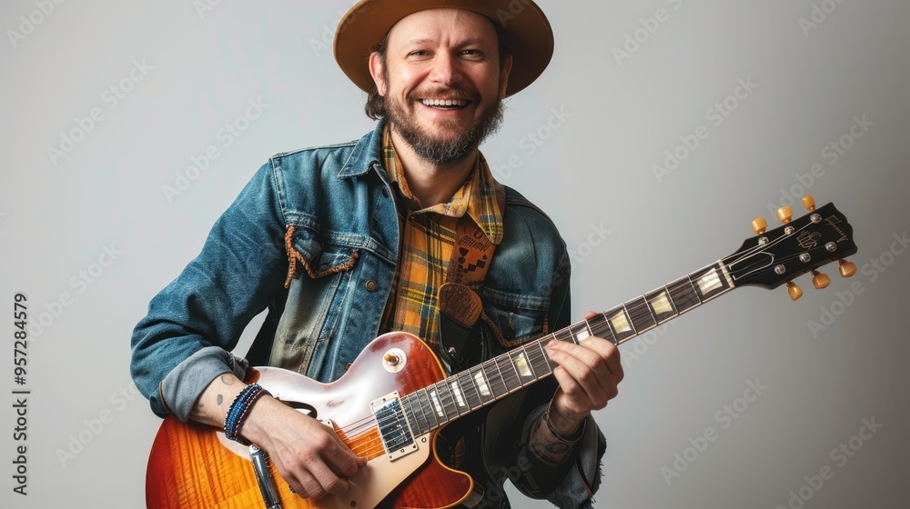 Obraz premium Smiling Bearded Man Playing Electric Guitar in Casual Denim Jacket and Hat Against Neutral Background