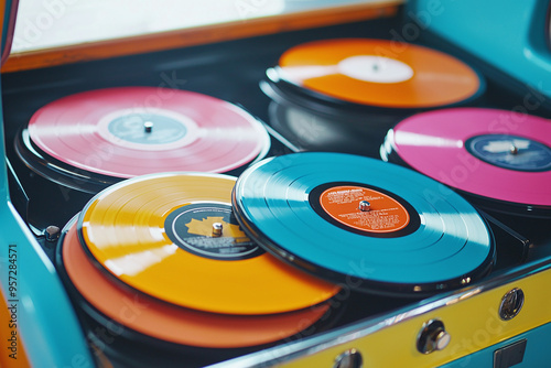 a collection of colorful 45 rpm records spread out in a fan shape next to a vintage jukebox