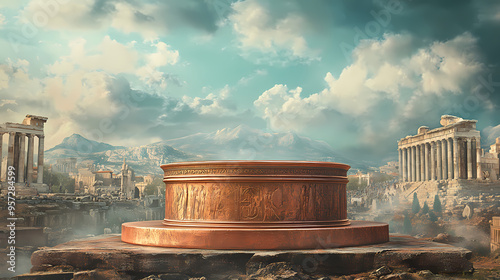 Enhance your historical fiction book display with an ancient copper podium set against a spartan battlefield backdrop. Historical. Illustration