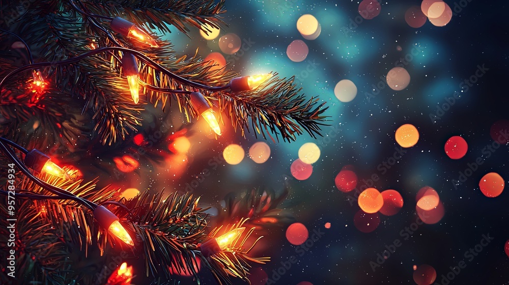 This image captures the warmth of fiery orange Christmas lights decorating pine branches, with a blurred and dreamy background filled with round bokeh lights.
