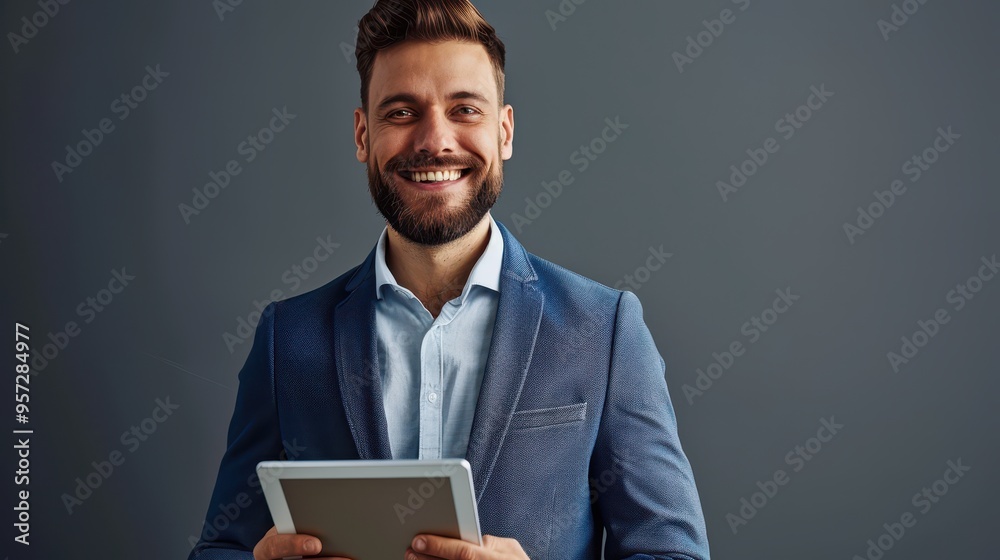 Confident Businessman Holding Tablet in Blue Suit Against Dark Background, Smiling at Camera Confident Businessman Holding Tablet in Blue Suit Against Dark Background, Smiling at Camera