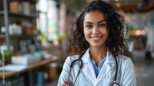 A young doctor smiles confidently in a bright, modern clinic filled with greenery during the day