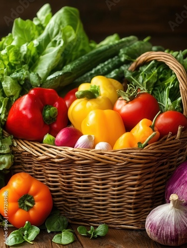 Various vegetables, healthy ingredients full of nutrients, beautifully arranged in a wicker basket.