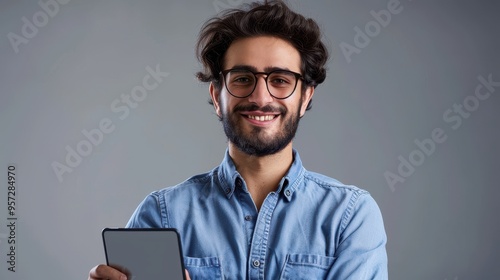 Smiling Young Man Holding Tablet in Casual Denim Shirt on Gray Background