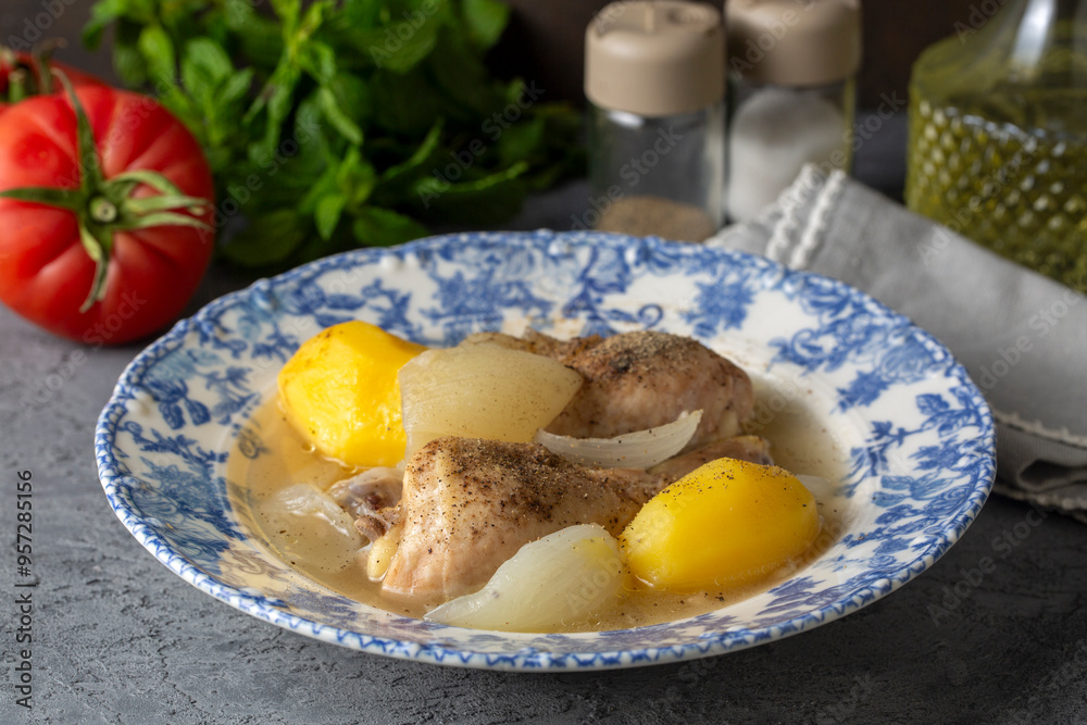 Potato and chicken thigh boiled dish (Turkish name; tavuk haslama)