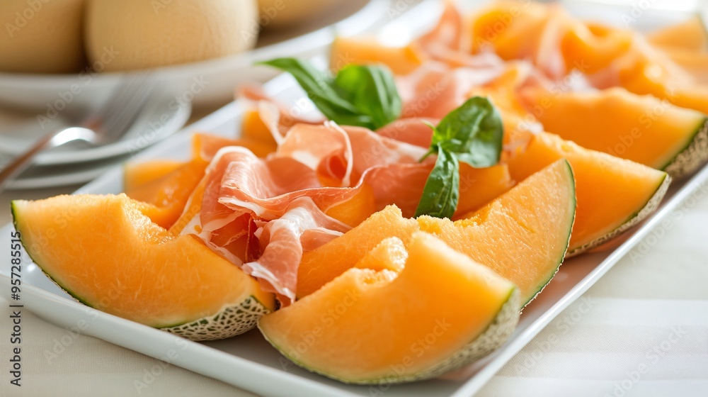 Juicy cantaloupe slices, vibrant orange, served on a platter with prosciutto, fresh and sweet. Juicy cantaloupe slices, vibrant orange, served on a platter with prosciutto, fresh and sweet.
