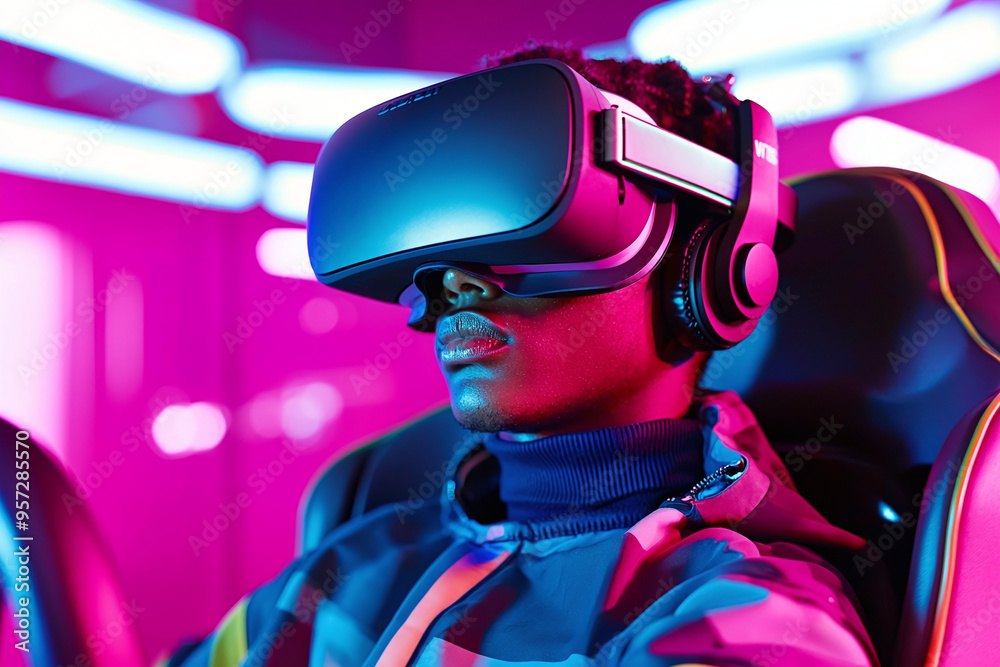 a person wearing a VR headset, fully immersed in a racing game a person wearing a VR headset, fully immersed in a racing game