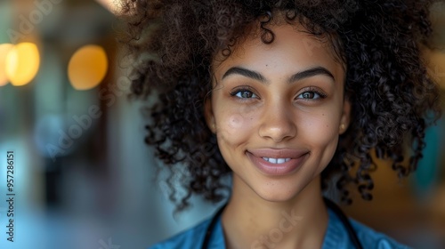 A young woman with curly hair smiles warmly while indoors, showcasing a joyful expression in a casual setting during daylight hours