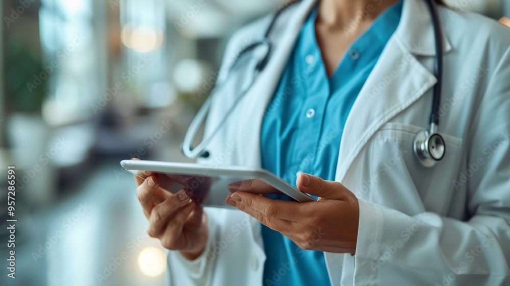 A healthcare professional in a medical facility using a tablet to access patient information during a routine check-up A healthcare professional in a medical facility using a tablet to access patient information during a routine check-up