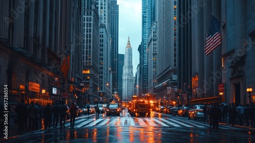 A crowded financial district with skyscrapers, stock ticker running along the buildings