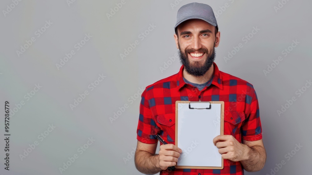 Smiling Bearded Man in Red Plaid Shirt Holding Clipboard and Pen Against Gray Background