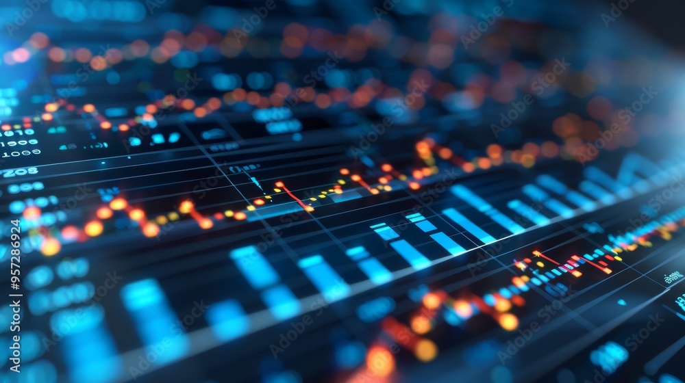 Visual representation of financial trends with colorful graphs and data analytics on a digital screen at night Visual representation of financial trends with colorful graphs and data analytics on a digital screen at night
