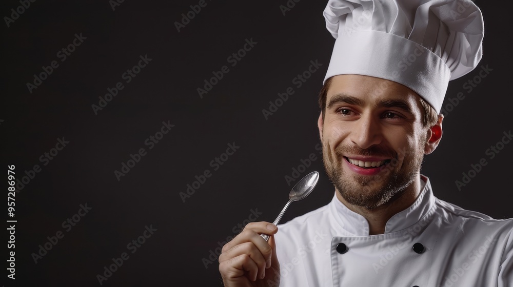 Professional Chef in Uniform Holding a Spoon and Smiling Against Dark Background Professional Chef in Uniform Holding a Spoon and Smiling Against Dark Background