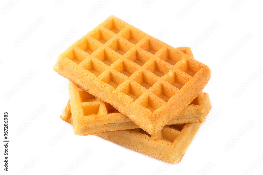 Belgian Waffle Isolated, Square Waffled Cookie, Soft Golden Belgium Waffles, Wafer Biscuit Breakfast on White Background Belgian Waffle Isolated, Square Waffled Cookie, Soft Golden Belgium Waffles, Wafer Biscuit Breakfast on White Background