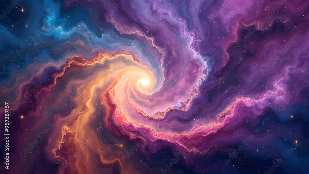Vibrant and Colorful Representation of a Spiral Galaxy with Swirling Patterns in Blue, Purple, Orange, and Pink, Highlighting Intense Stellar Activity. Vibrant and Colorful Representation of a Spiral Galaxy with Swirling Patterns in Blue, Purple, Orange, and Pink, Highlighting Intense Stellar Activity.