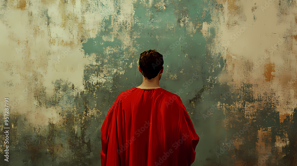 Naklejka premium View of a historical figure in a red robe from behind against a textured, muted background. Historical. Illustration