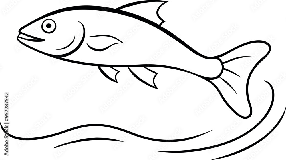 Black and White Line Drawing of Jumping Fish Black and White Line Drawing of Jumping Fish