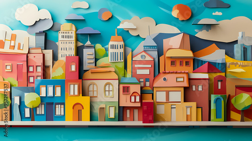 A cut-out paper mockup of a town mural design, depicting historical landmarks and local landmarks, against a backdrop of vibrant street art and graffiti. Historical. Illustration photo