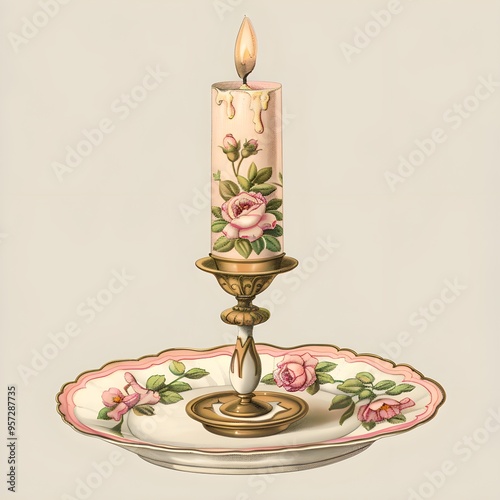  Antique English vintage flower on the Candlestick, isolated , white background , connected line , vector illustration art design ancient archaic olden luxury classic realistic
