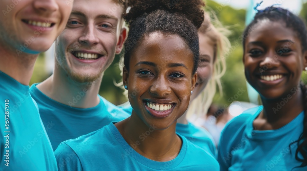 Group of Diverse Young Adults Smiling and Wearing Blue T-Shirts Outdoors on a Sunny Day Group of Diverse Young Adults Smiling and Wearing Blue T-Shirts Outdoors on a Sunny Day