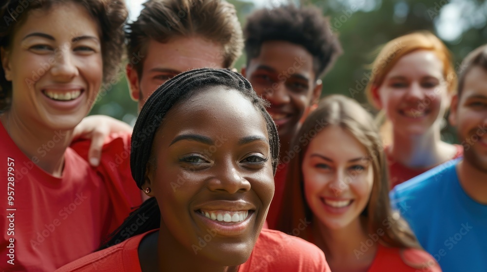 Diverse Group of Smiling Young Adults Enjoying Outdoor Gathering in Casual Clothing Diverse Group of Smiling Young Adults Enjoying Outdoor Gathering in Casual Clothing