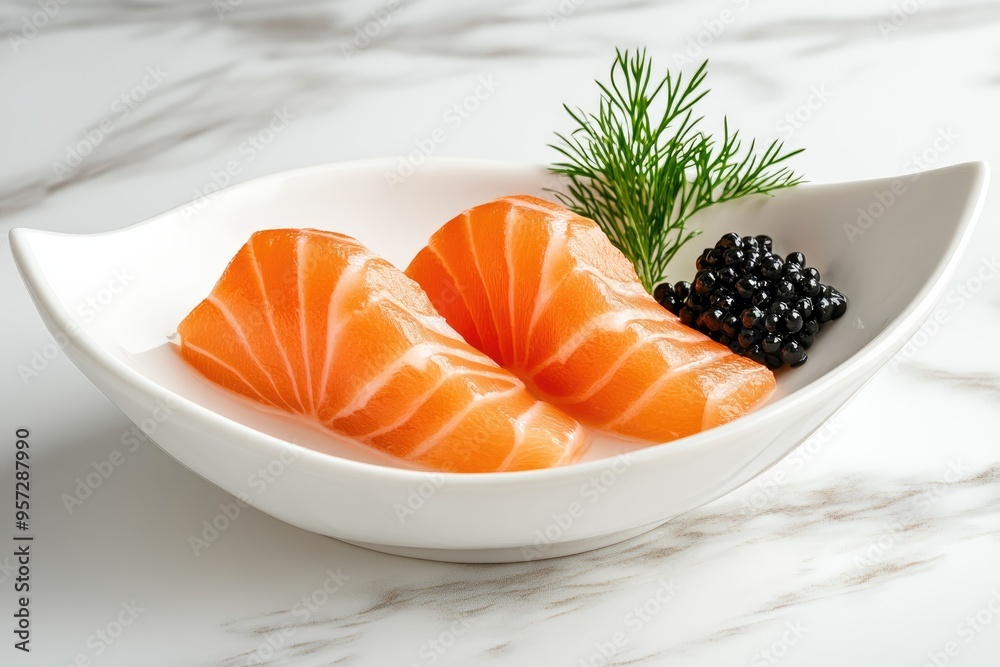 three pieces of salmon sashimi with caviar eggs on white ceramic bowl three pieces of salmon sashimi with caviar eggs on white ceramic bowl
