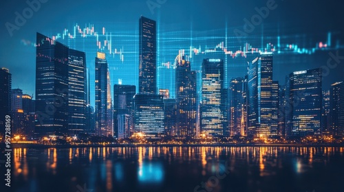 A financial district skyline with stock market data projected onto the buildings