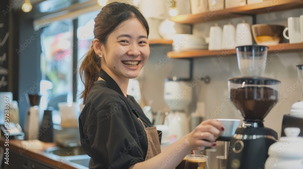 Smiling Barista Preparing Coffee in a Cozy Café with Modern Interior and Warm Lighting Smiling Barista Preparing Coffee in a Cozy Café with Modern Interior and Warm Lighting
