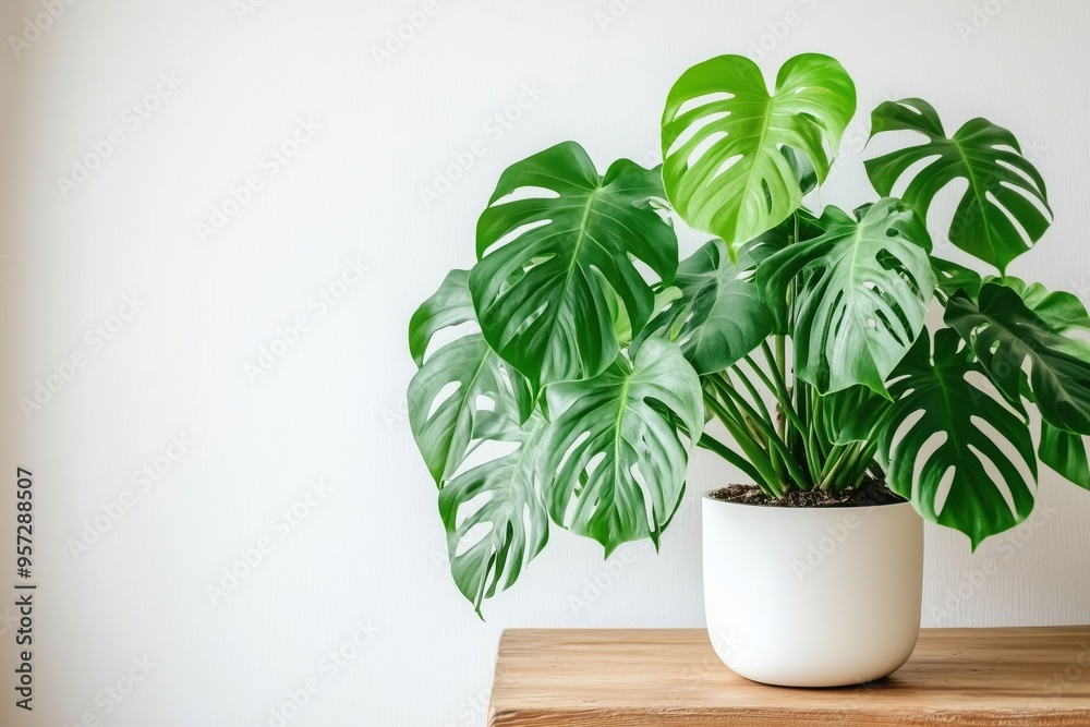 Big green monstera plant or swiss cheese plant potted in white pot isolated on a wooden table with white wall. Soft day light. Background with copy space on the left. Big green monstera plant or swiss cheese plant potted in white pot isolated on a wooden table with white wall. Soft day light. Background with copy space on the left.