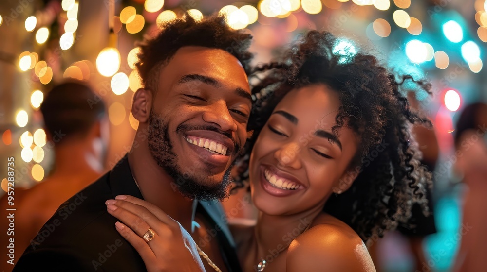 Joyful Couple Smiling and Embracing at Night with Festive Lights in the Background Joyful Couple Smiling and Embracing at Night with Festive Lights in the Background