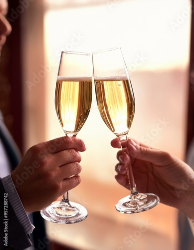 Primer plano de dos personas realizando un brindis con dos copas de champán/champagne; brindis, celebración