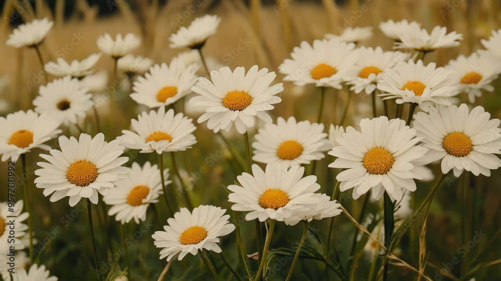 The landscape of white daisy blooms in a field The landscape of white daisy blooms in a field