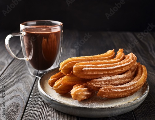 Primer plano de unos churros con chocolate caliente photo