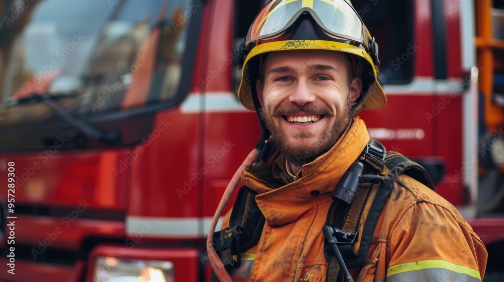 Smiling Firefighter in Full Gear Standing in Front of a Fire Truck Ready for Action Smiling Firefighter in Full Gear Standing in Front of a Fire Truck Ready for Action