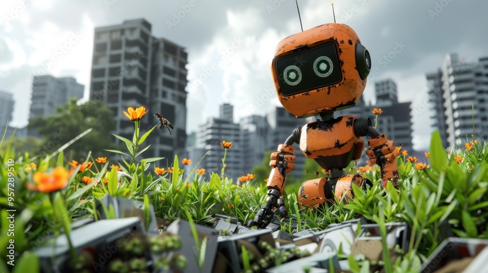 An orange robot standing in a flower field against the city skyline. An orange robot standing in a flower field against the city skyline.