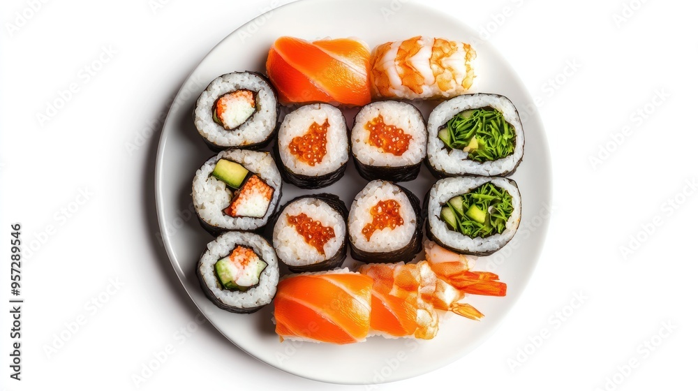Assorted sushi rolls with soy sauce on plate isolated white background.