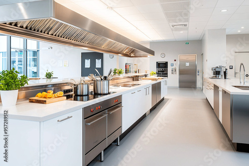 a communal kitchen in a charity building, with modern appliances and prep areas photo