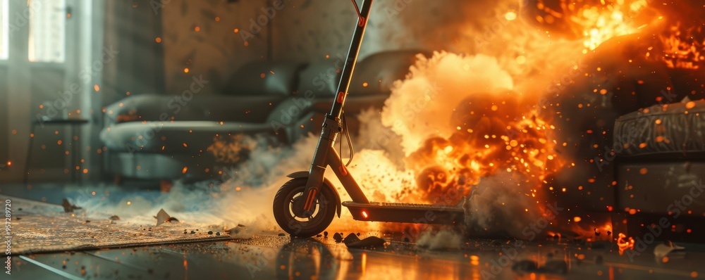An electric scooter dramatically bursts into flames inside a modern living room, causing chaos.